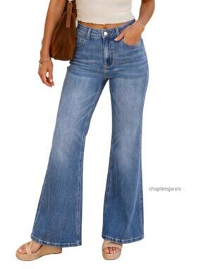 Knit Denim High Waist Wide Leg Flare Jeans with Pockets